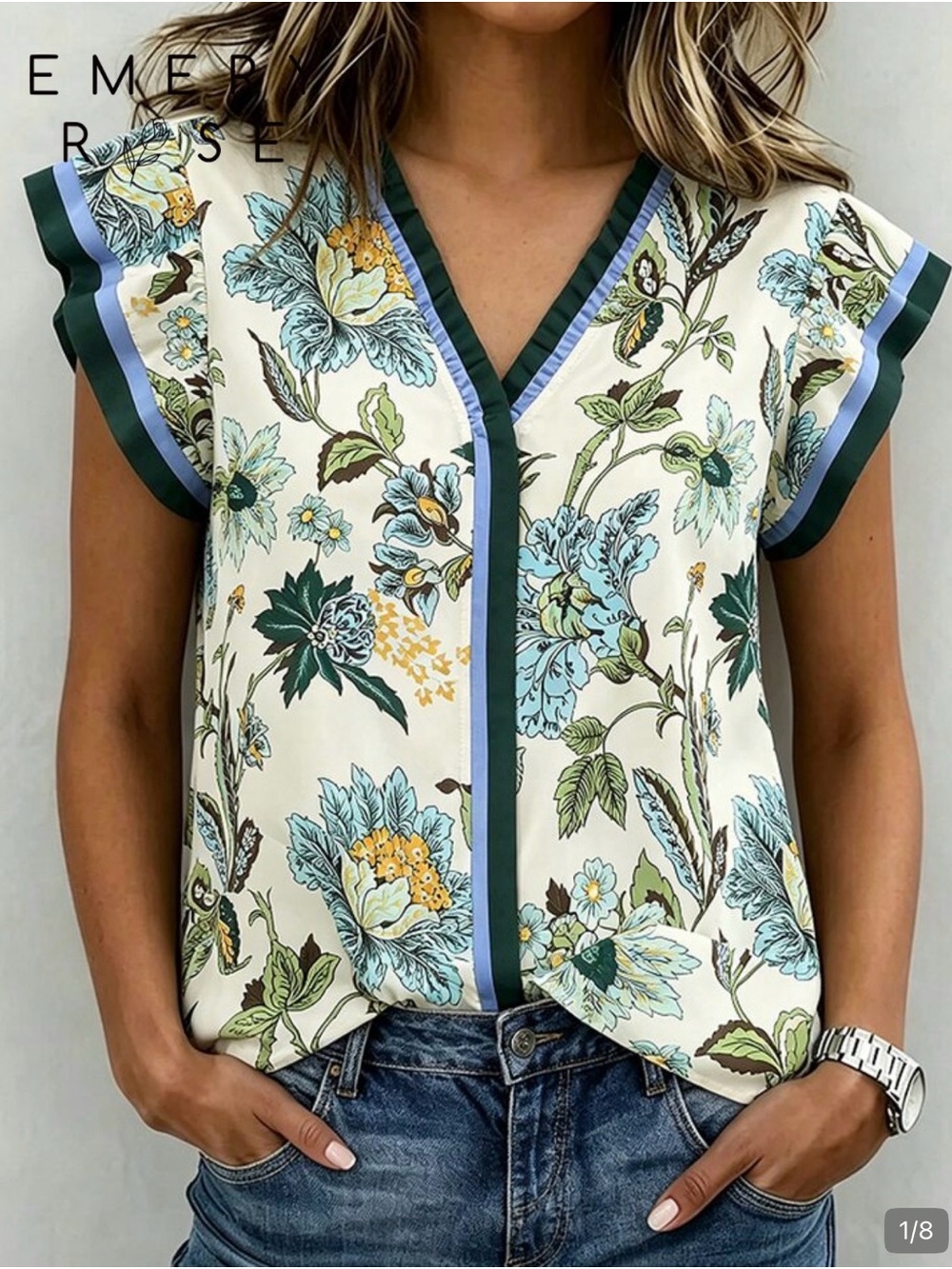 Floral V-Neck Flutter Sleeve Top - Cream & Green
